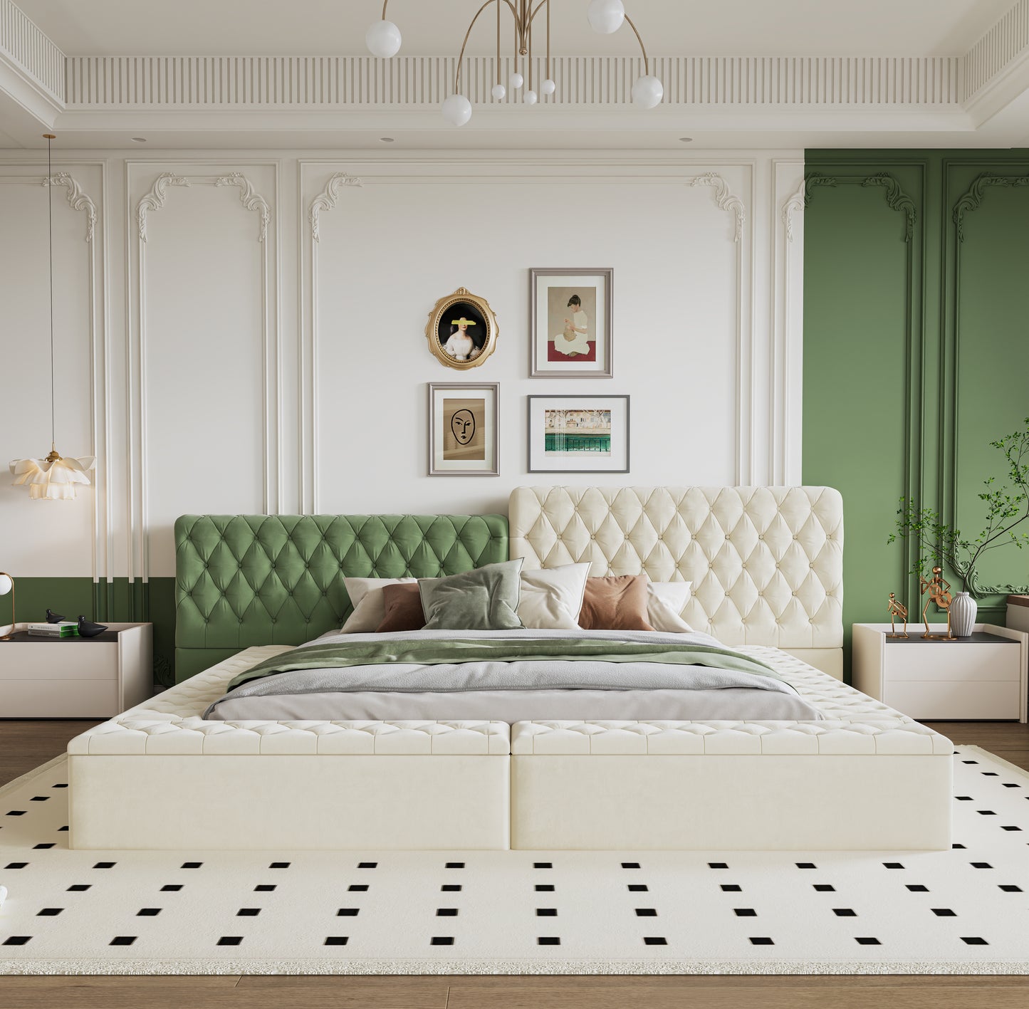 Tufted emerald green and cream upholstered bed with diamond stitching