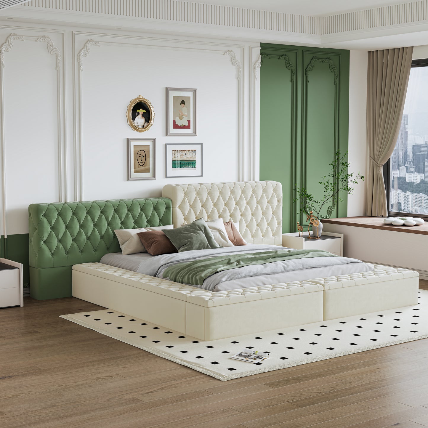 Cream upholstered tufted platform bed with green velvet headboards and storage bench
