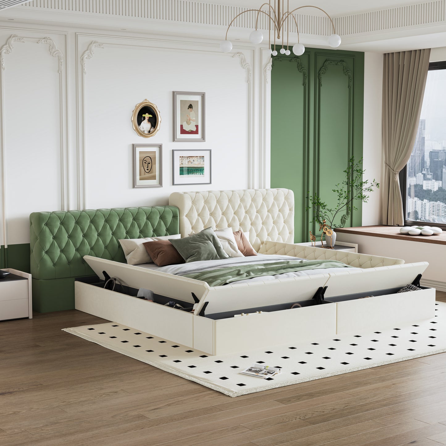 Luxurious cream tufted bed with green velvet headboard and integrated storage