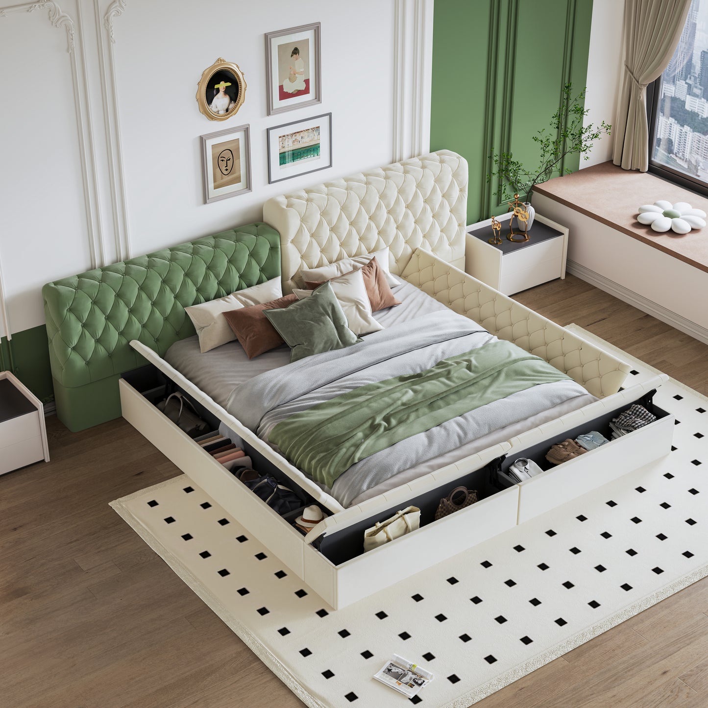 Tufted green velvet headboard bed with cream tufted accents and storage