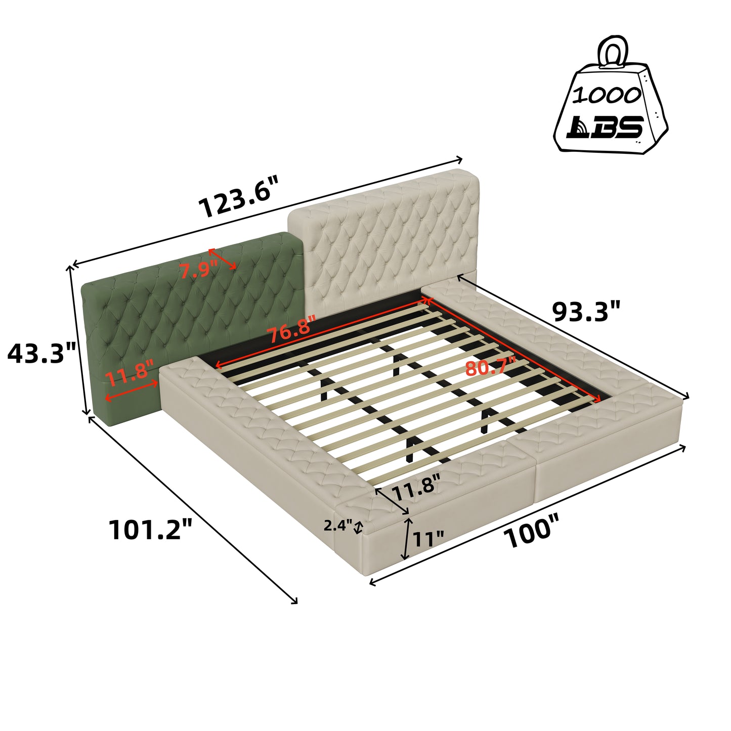 Tufted beige and green upholstered bed frame with measurements