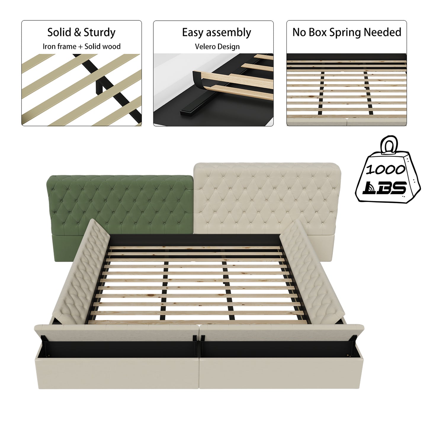 Tufted beige upholstered bed frame with integrated storage drawers and a green headboard