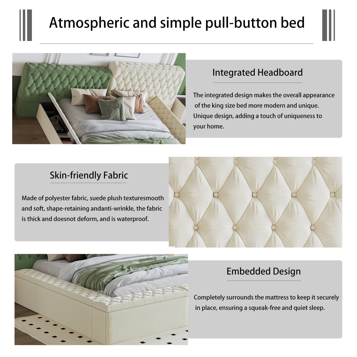 Tufted cream upholstered bed frame with button details