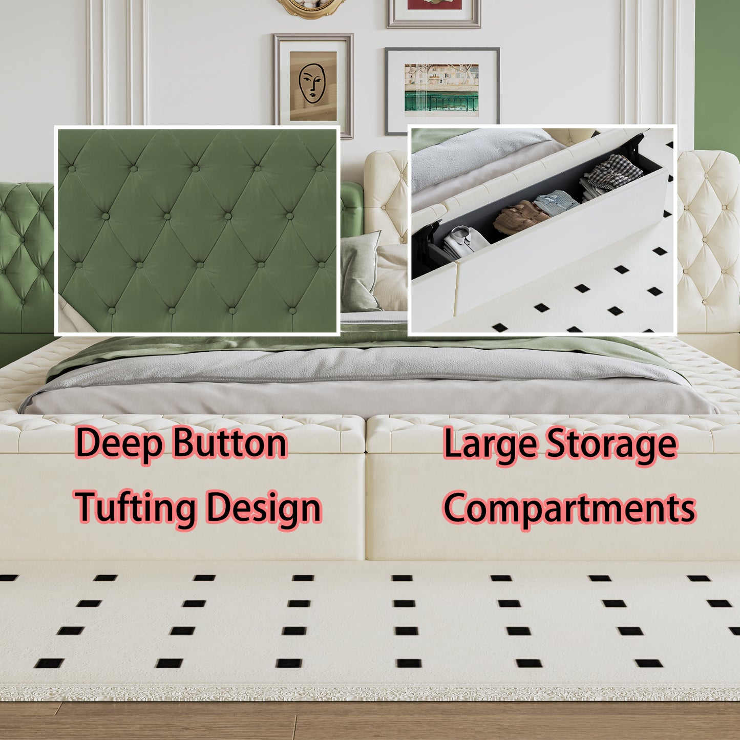 Cream upholstered bed with deep button tufting and hidden storage