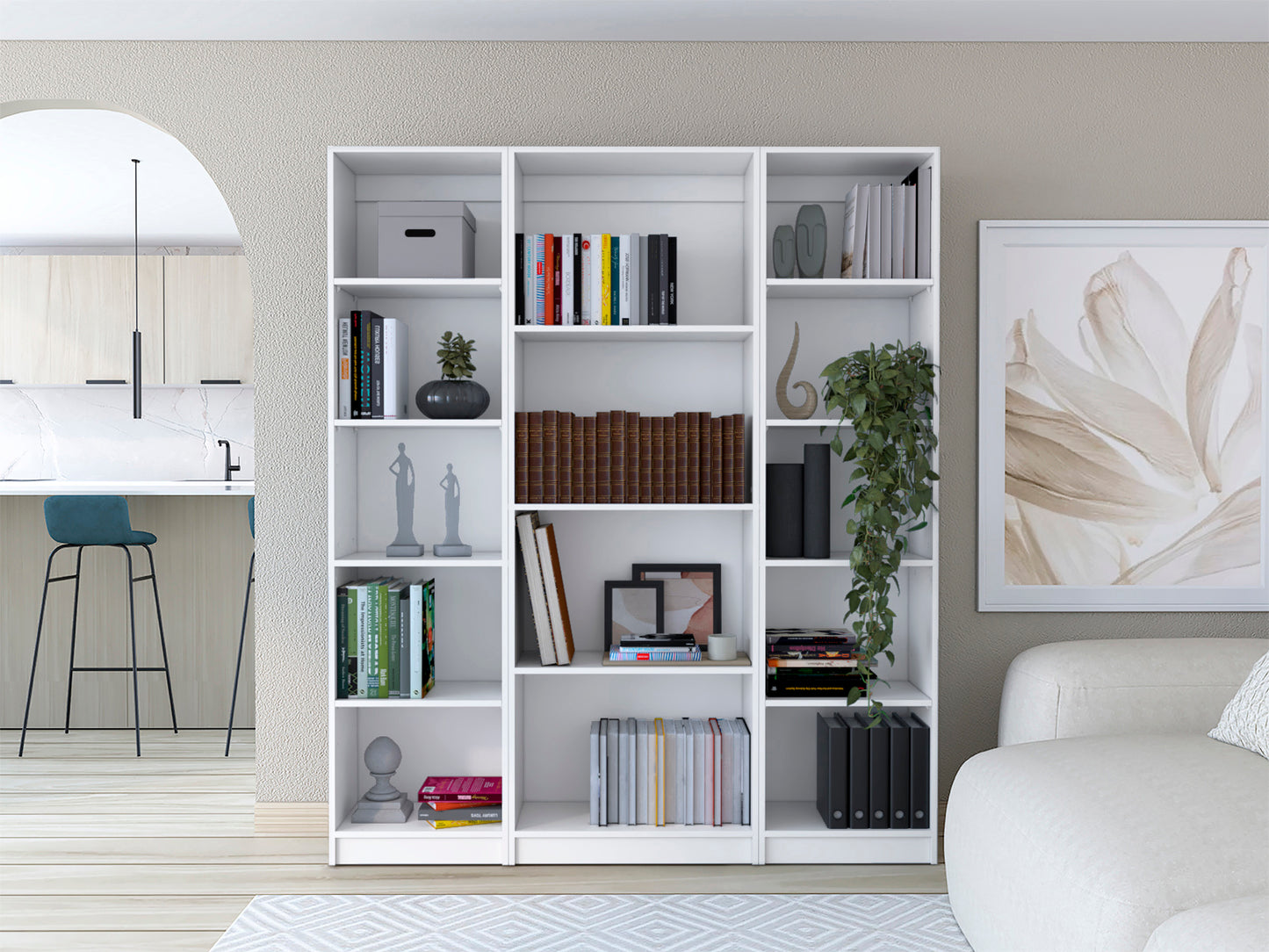 White modern modular bookshelf filled with books and decor