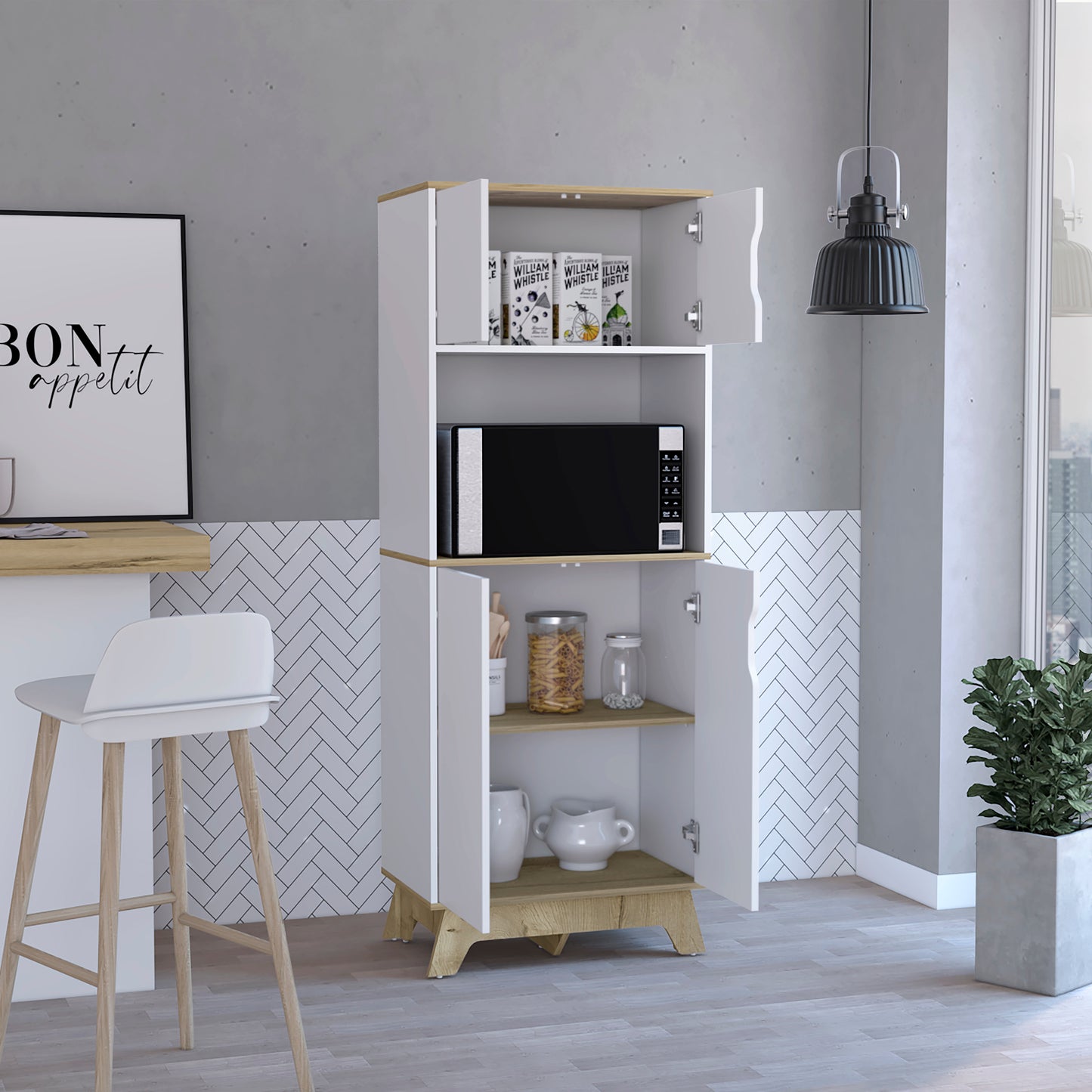 White and oak kitchen cabinet with microwave
