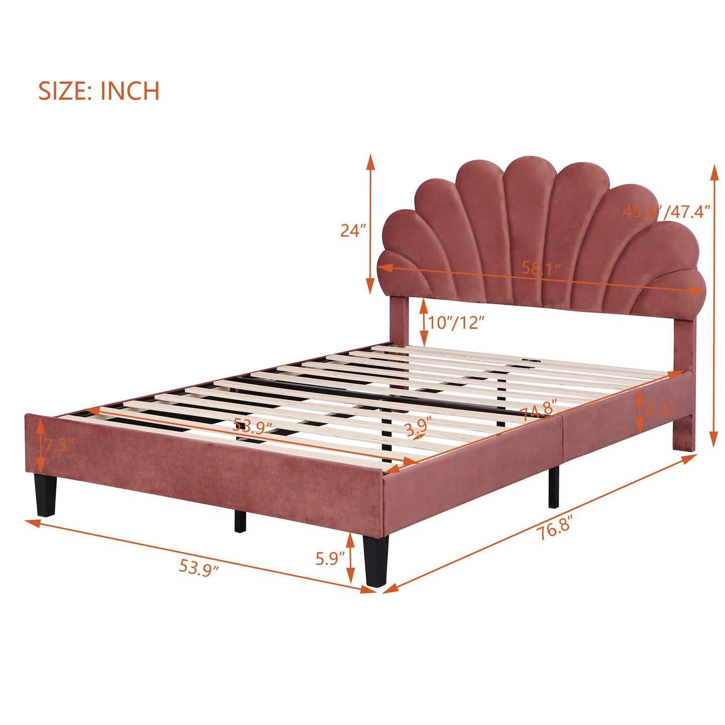 Rose velvet platform bed with scallop headboard