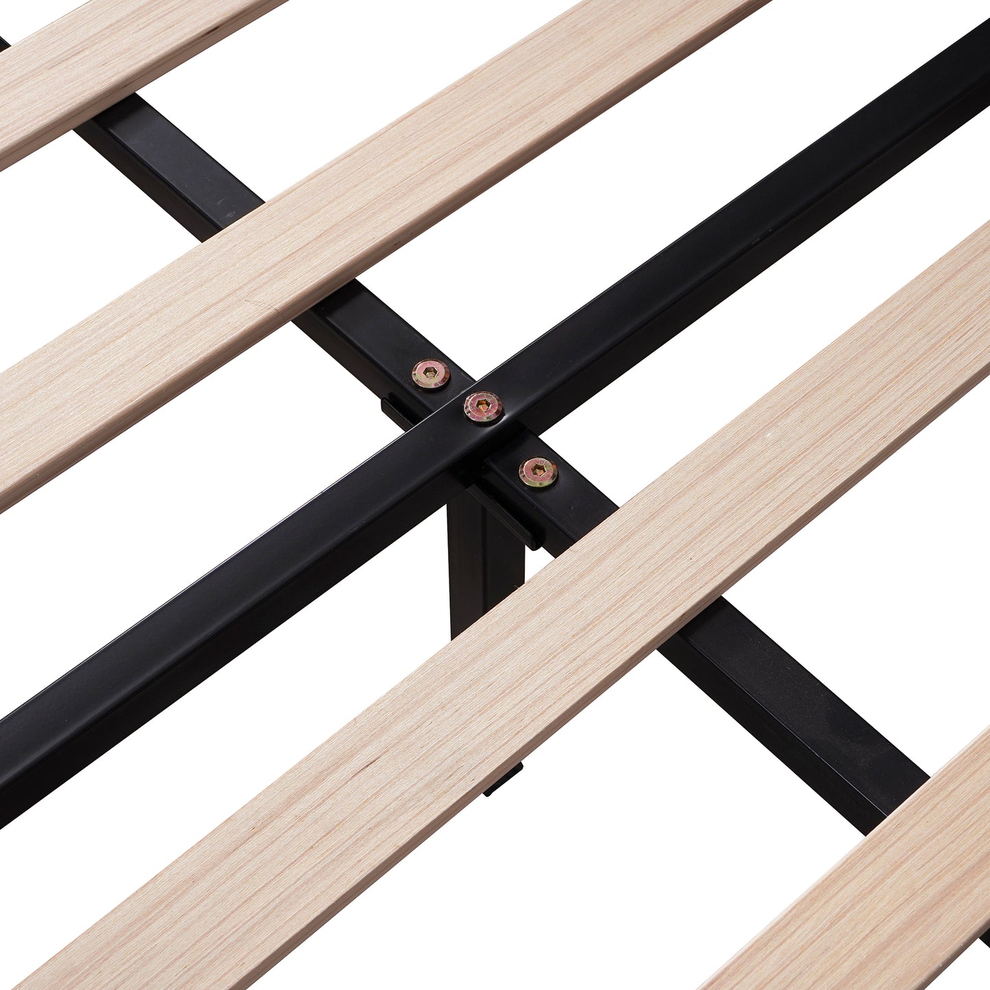 Wooden slatted bed frame with black metal supports