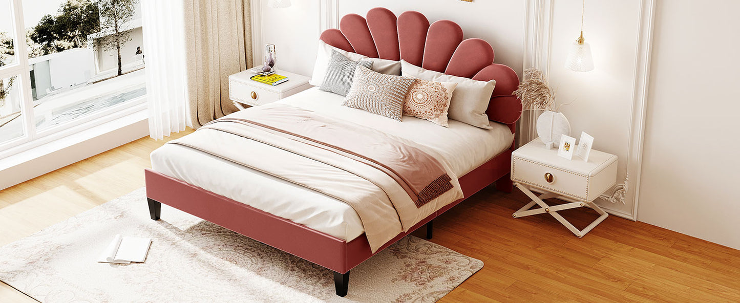 Coral velvet bed frame with scalloped headboard for bedroom decor