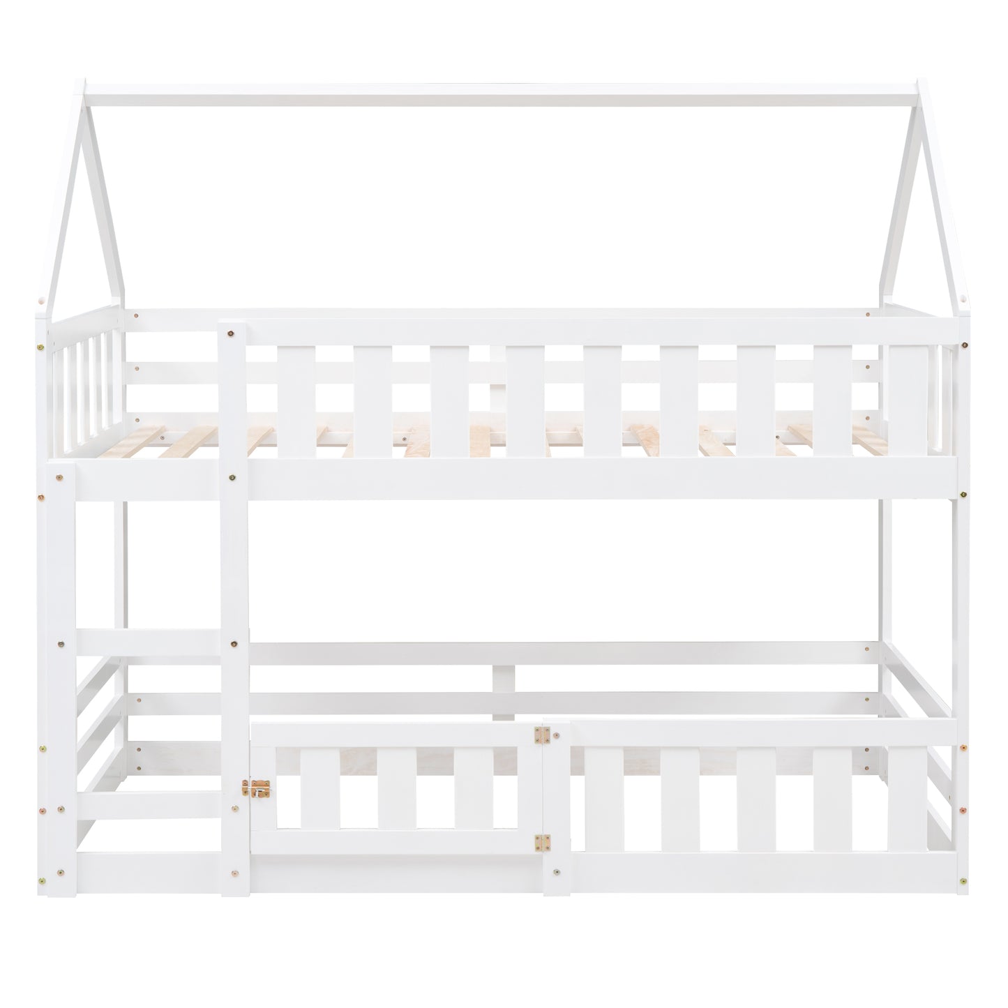 White wooden twin over twin bunk bed with house frame design