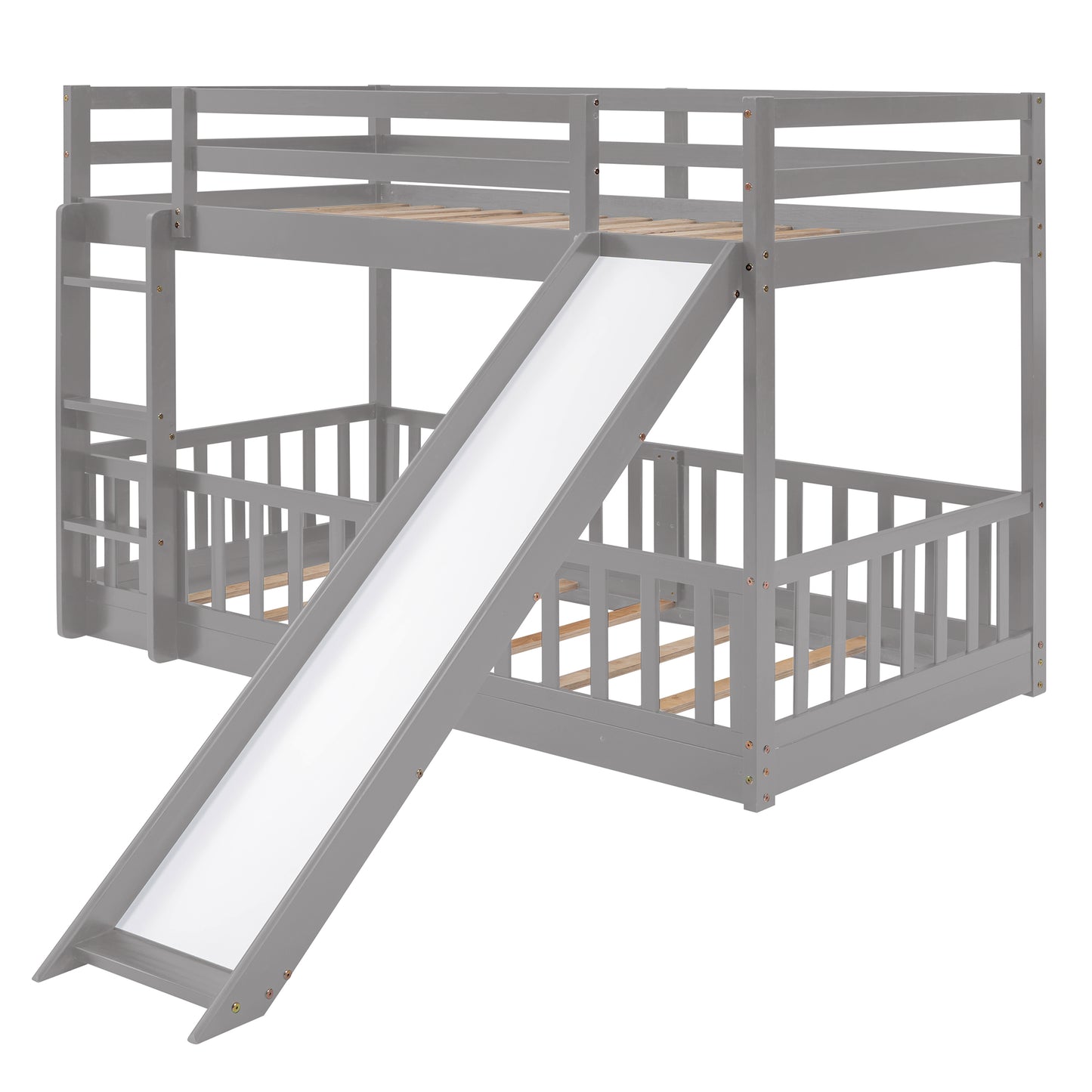 Gray wooden bunk bed with integrated slide and safety rails