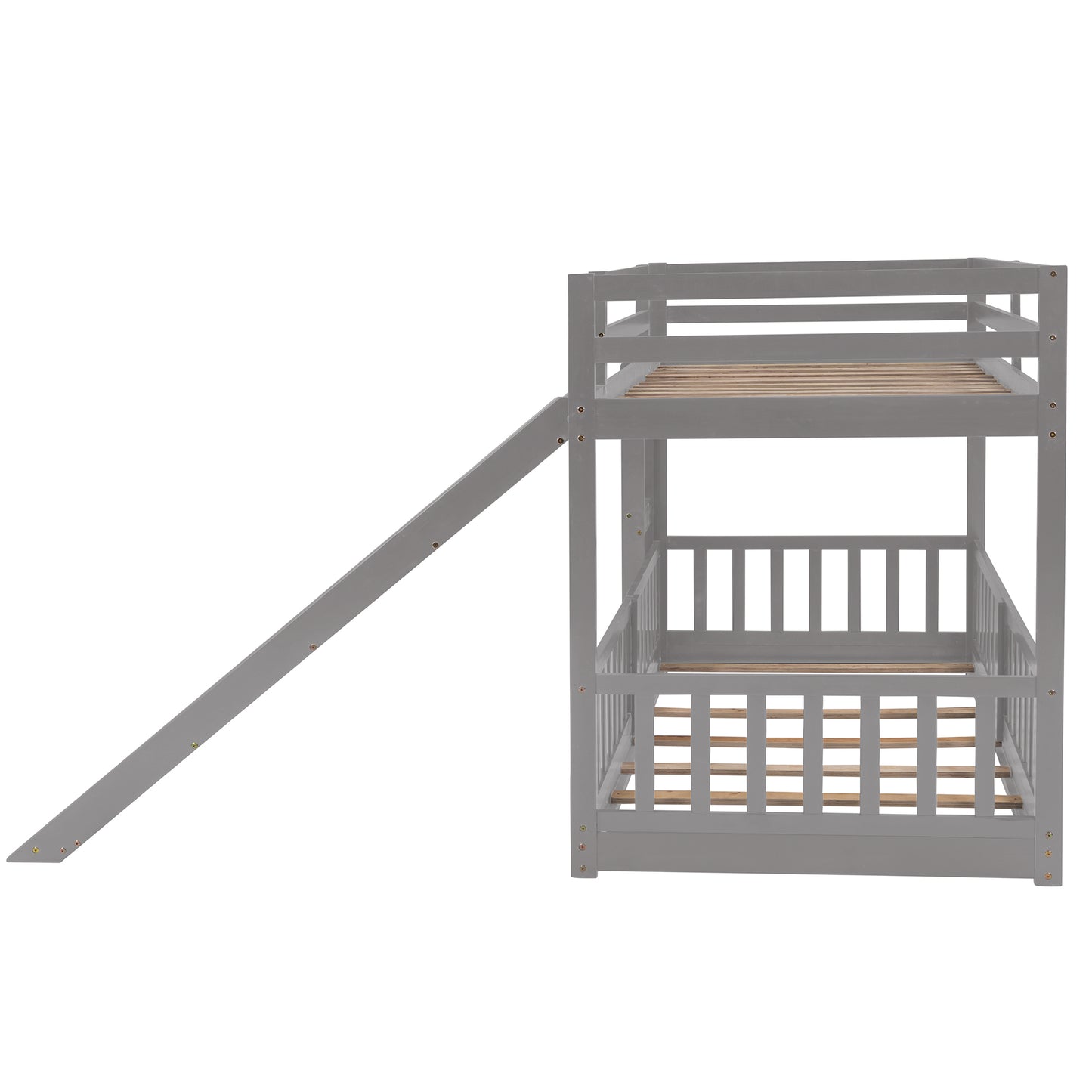 Gray wooden twin over twin bunk bed with slide for kids