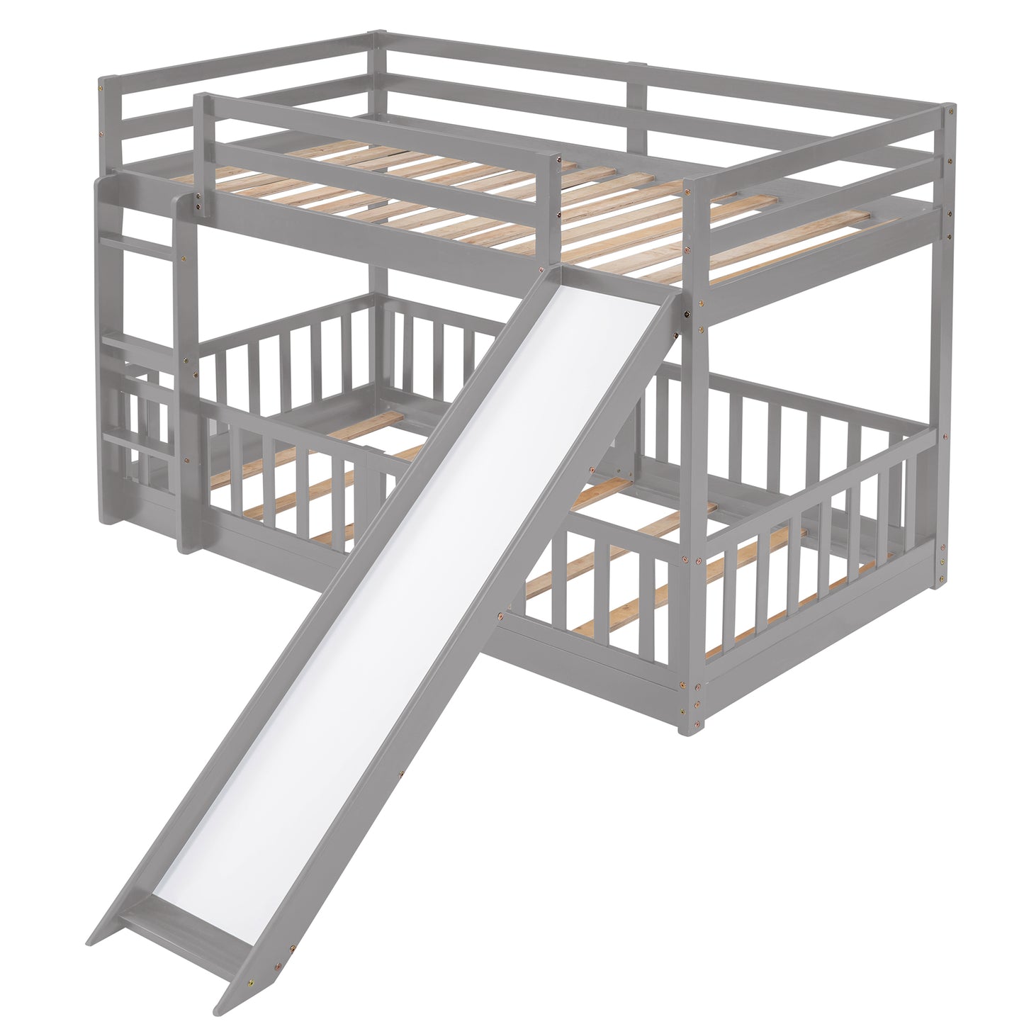 Gray wooden twin over twin bunk bed with a slide for kids room