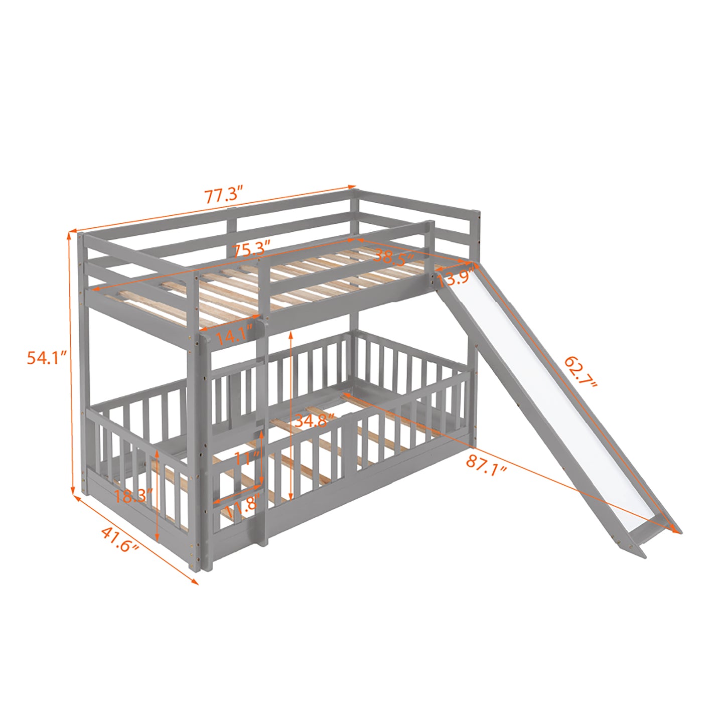 Gray wooden twin over twin bunk bed with slide and railing
