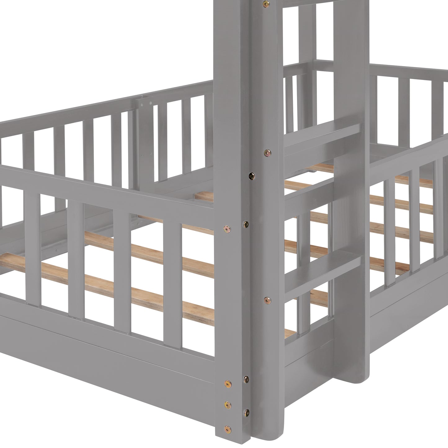 Gray wooden bunk bed frame detail with slatted base