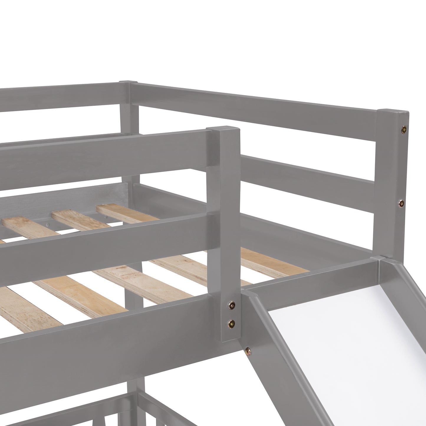Gray wooden loft bed with slide