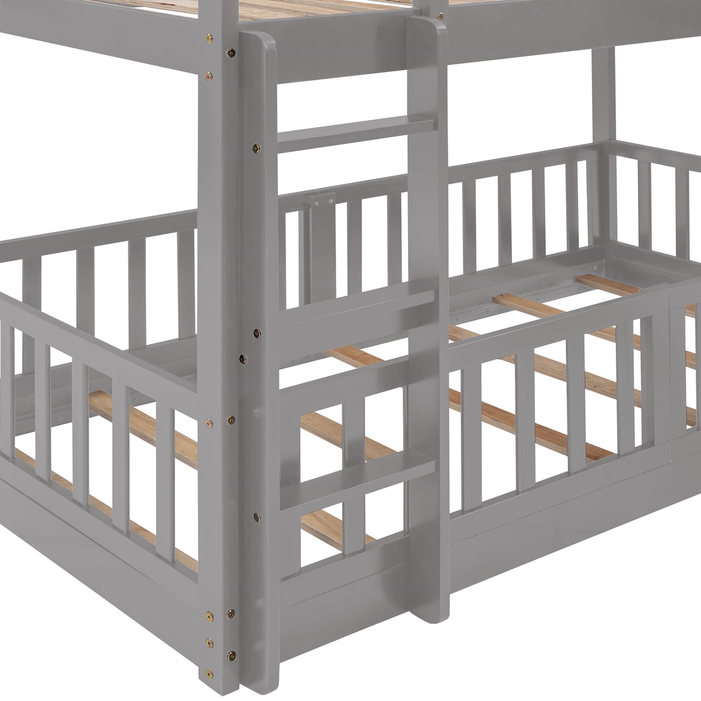 Gray wooden bunk bed frame with sturdy railings and ladder