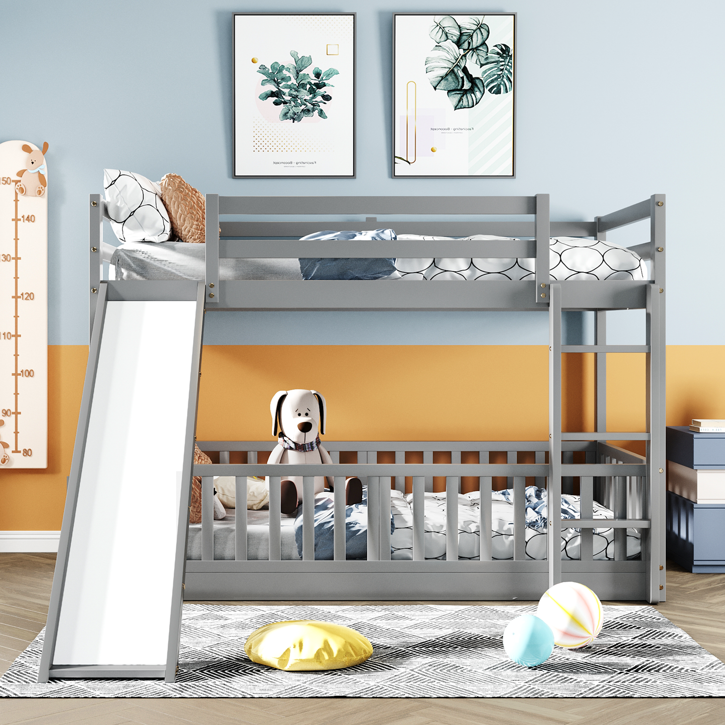 Gray wooden twin over twin bunk bed with slide and safety rails