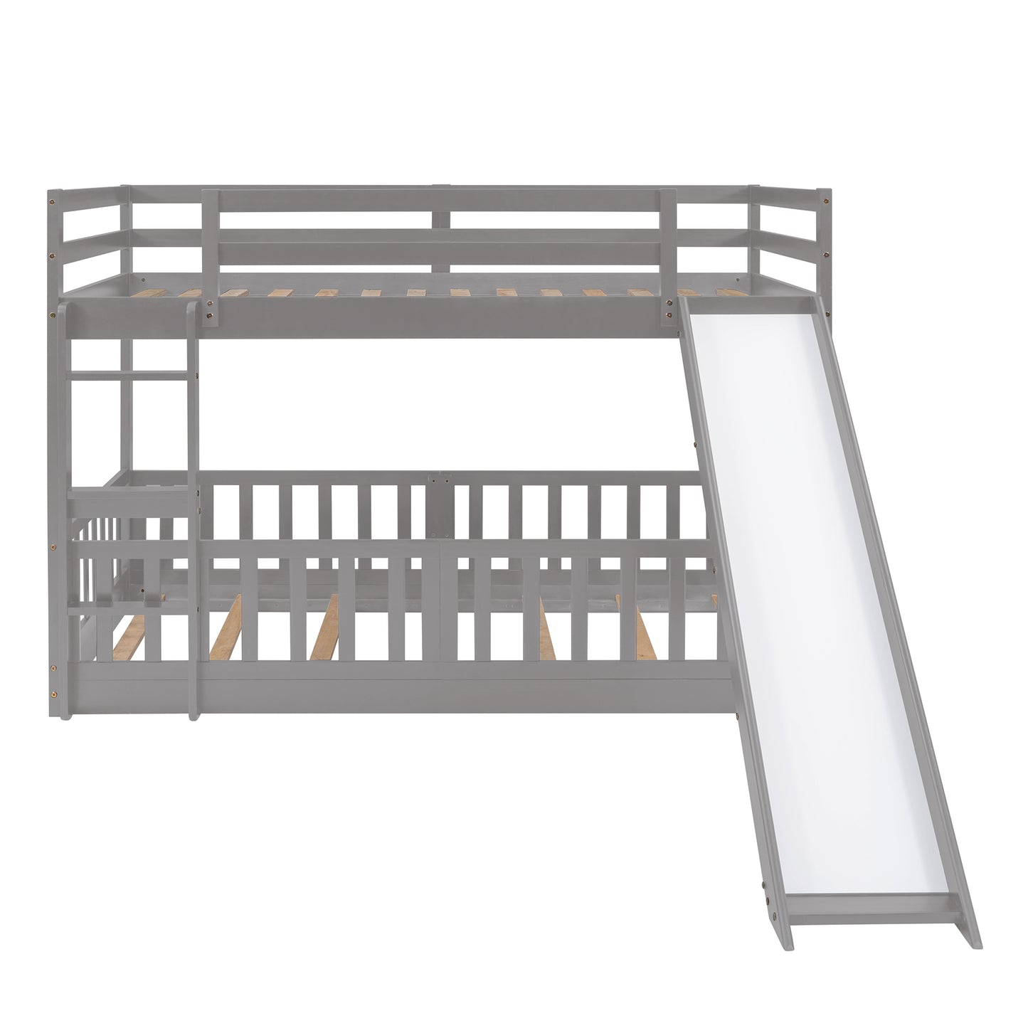 Gray wooden twin over twin bunk bed with ladder and slide for kids room