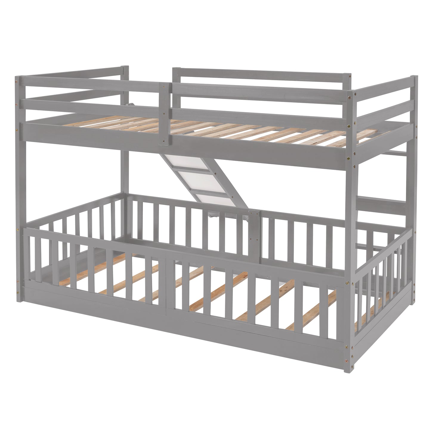 Gray wooden twin over twin bunk bed with ladder