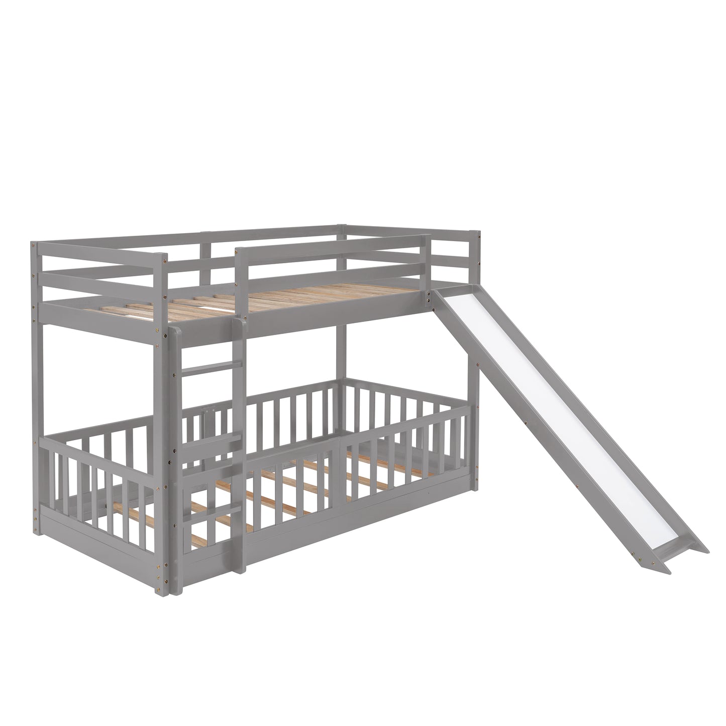 Grey wooden twin over twin bunk bed with slide