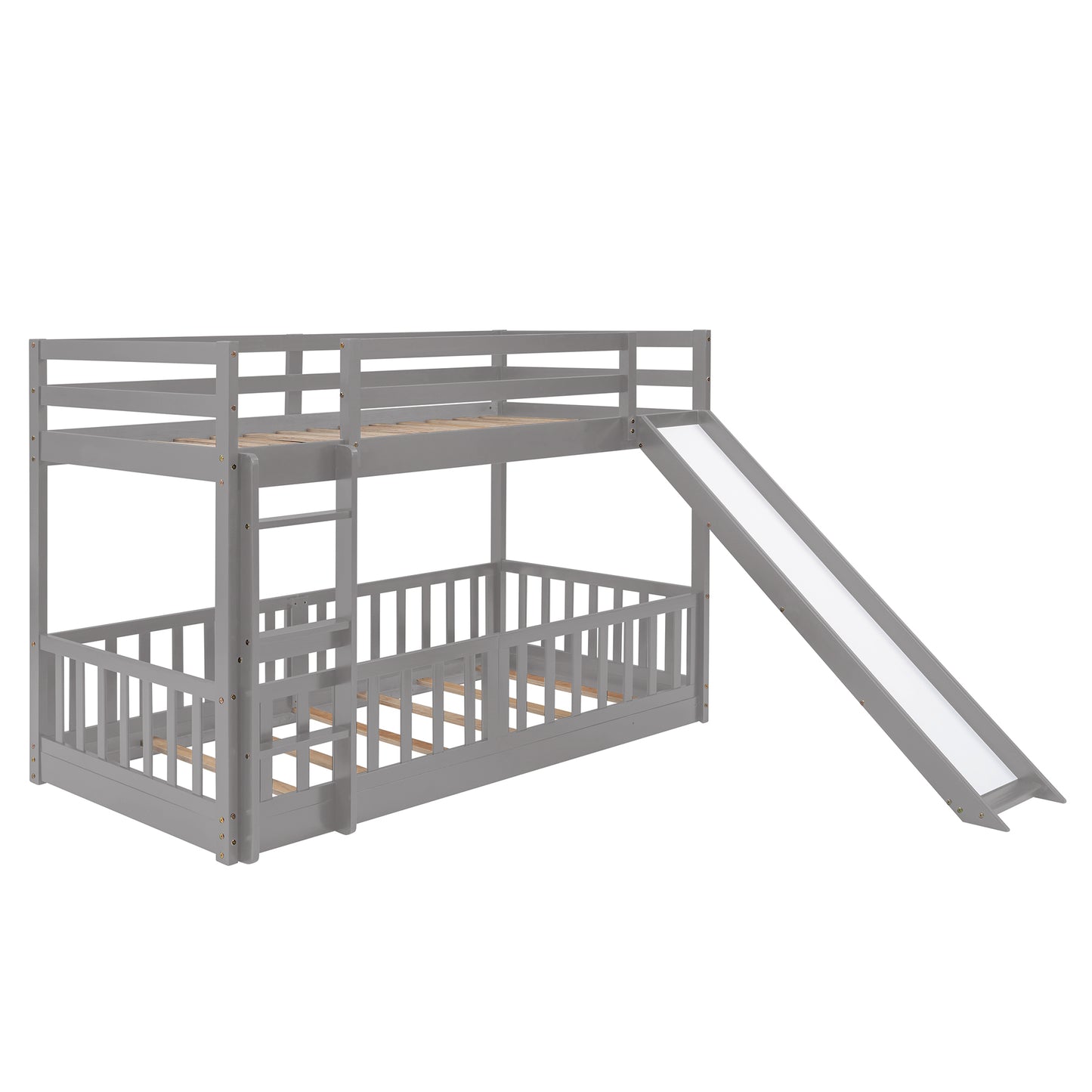 Grey wooden bunk bed with slide and ladder