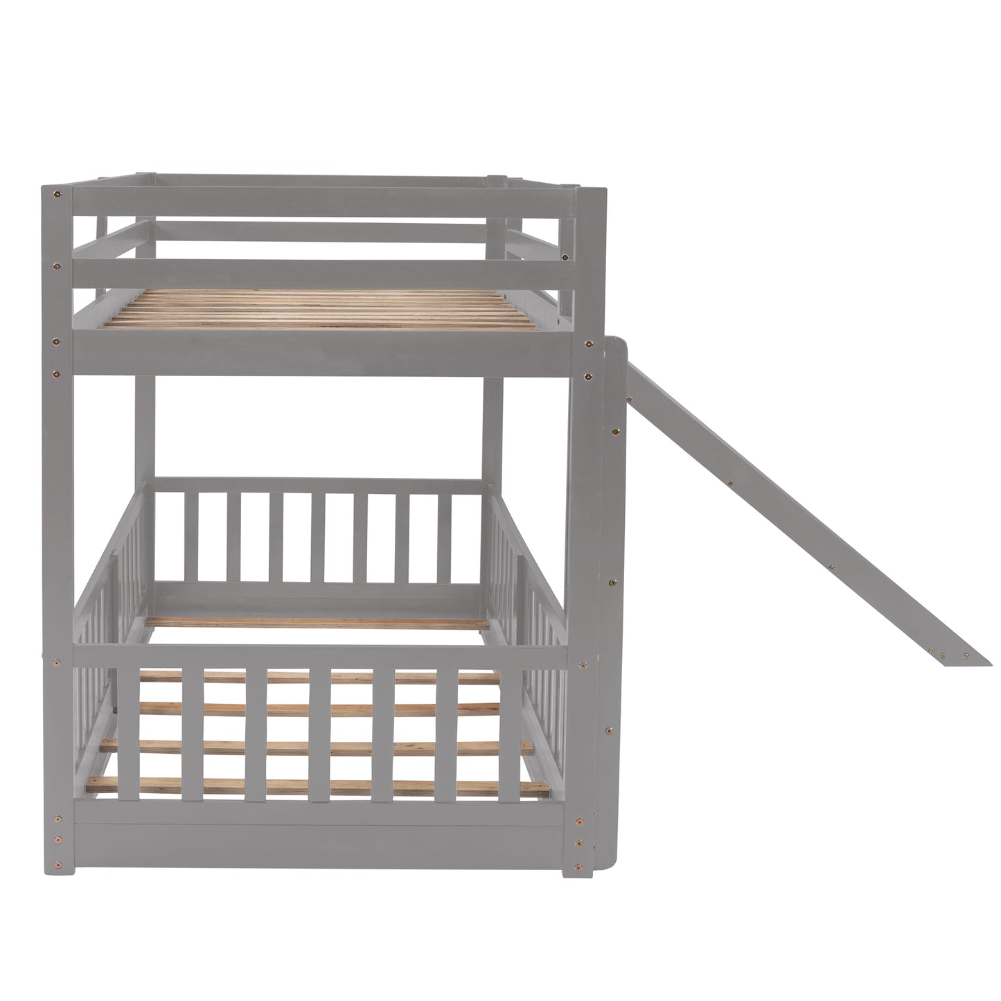 Gray wooden bunk bed with ladder and slatted bases