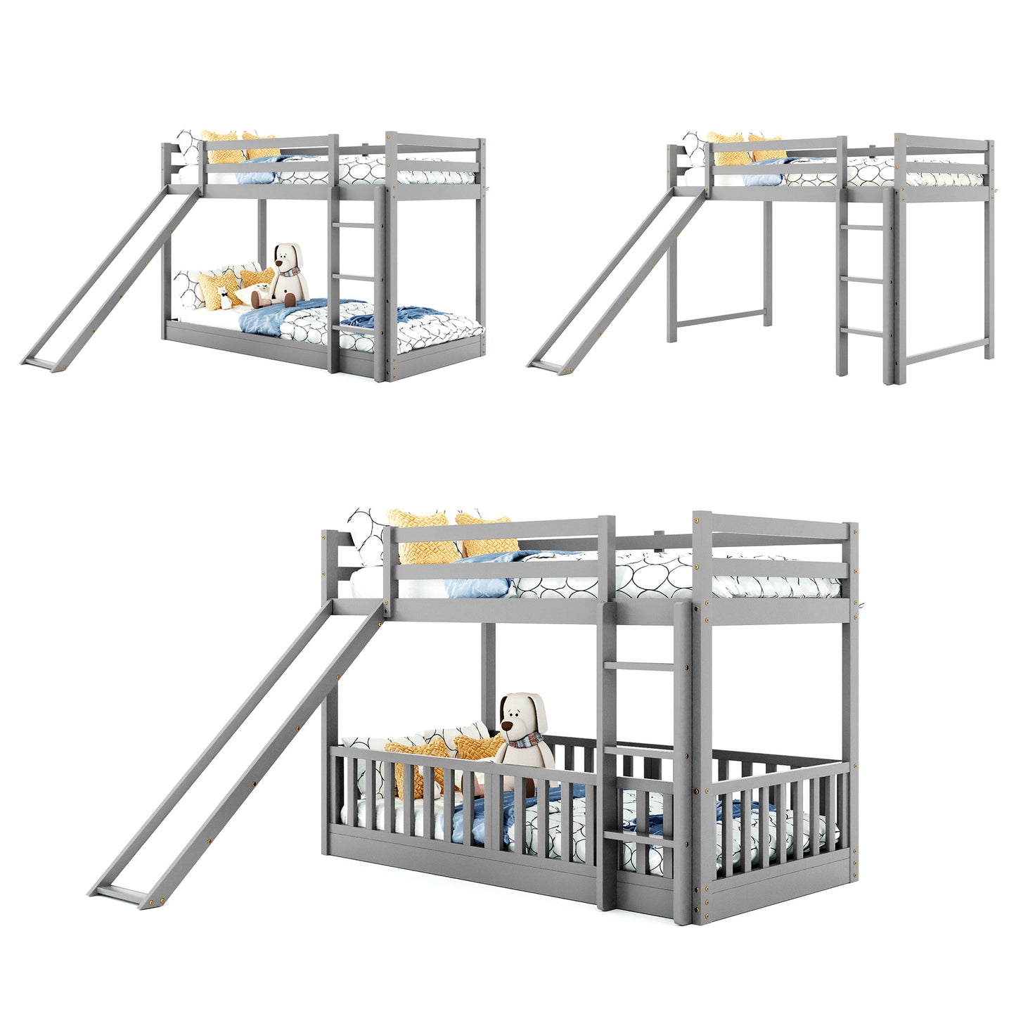 Gray wooden bunk bed with slide and guardrail
