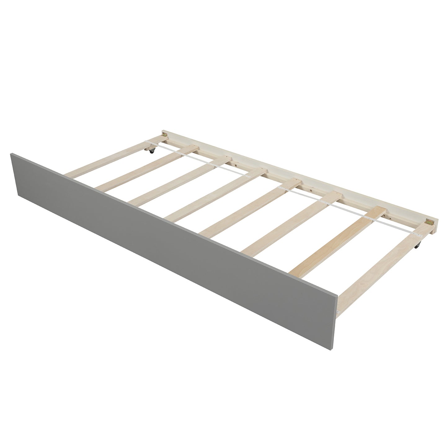 Gray wooden bed frame with slatted base and wheels suitable for toddler beds