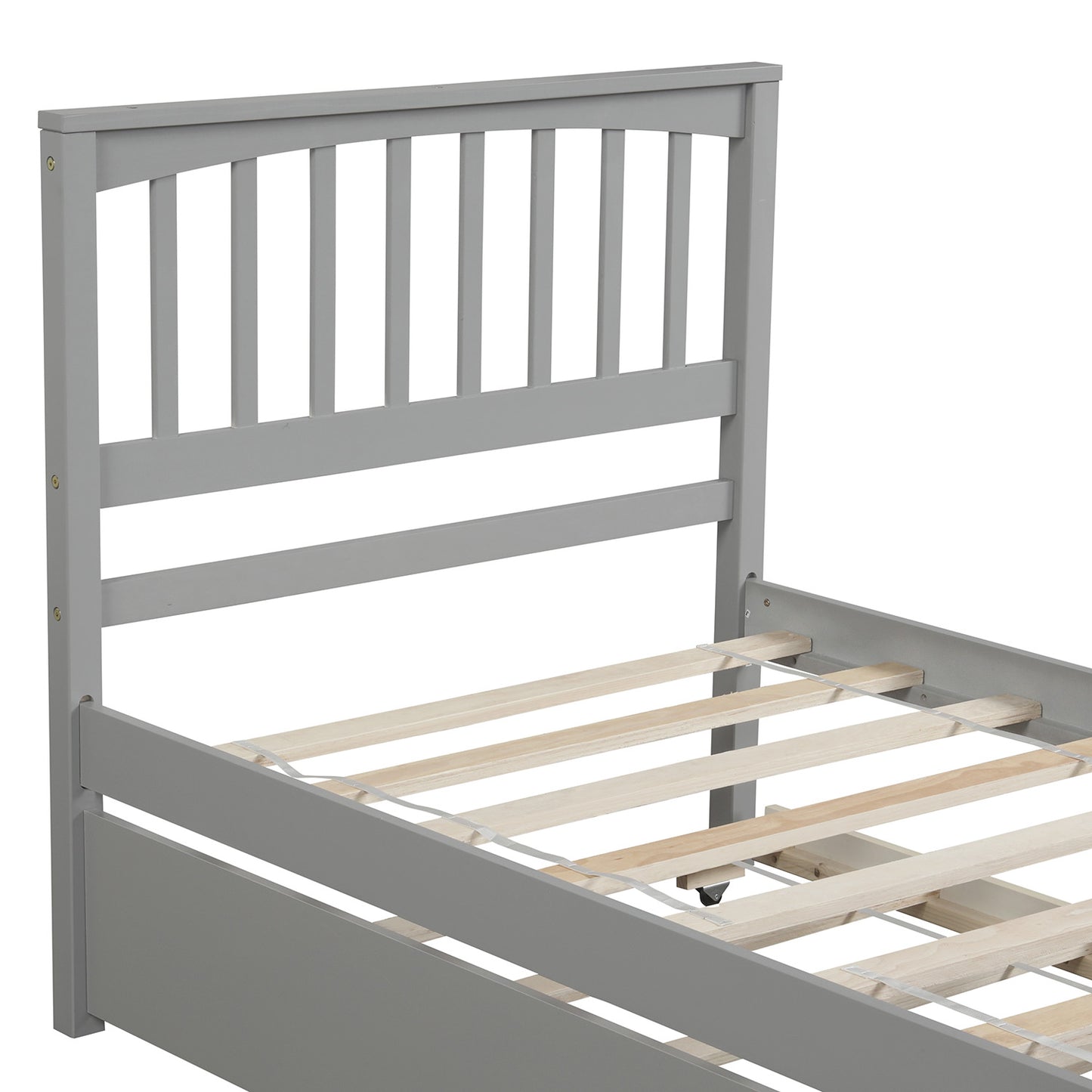 Grey twin bed frame with slatted headboard and wooden slats