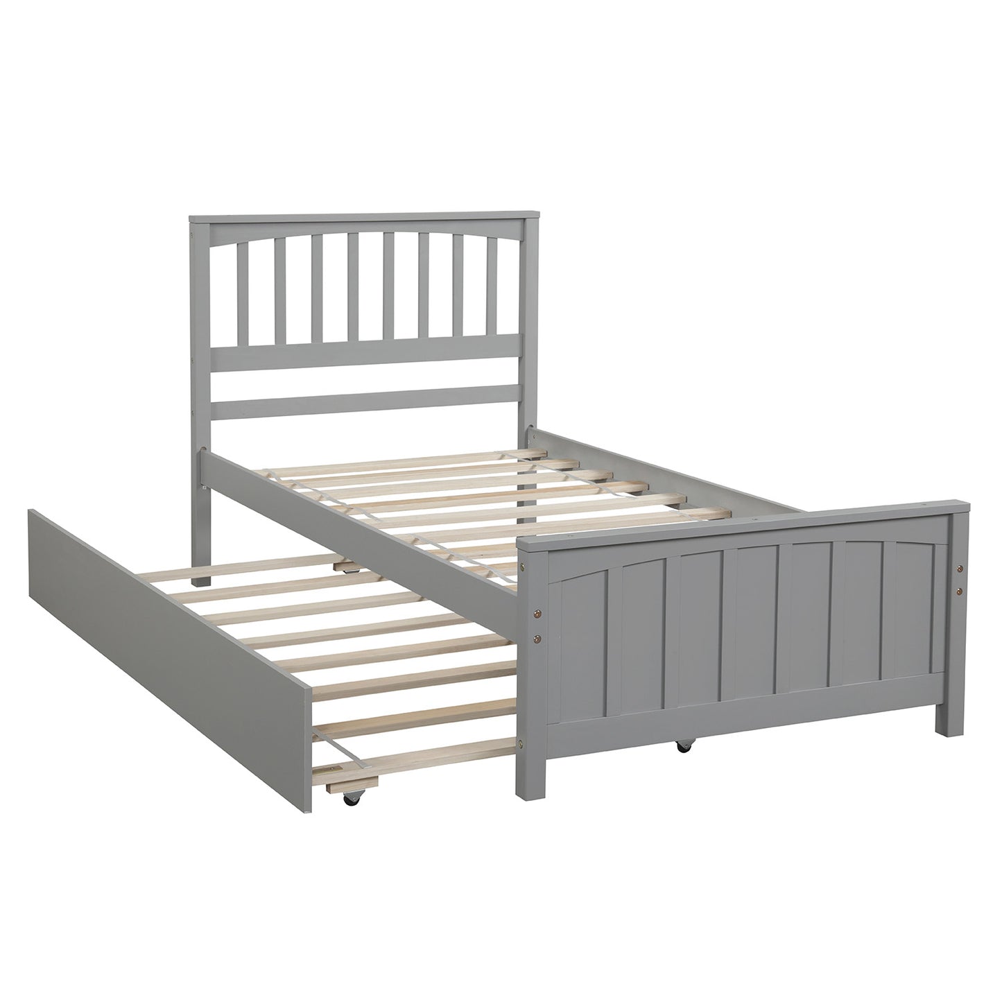 Grey wooden twin bed frame with pullout trundle perfect for guest rooms
