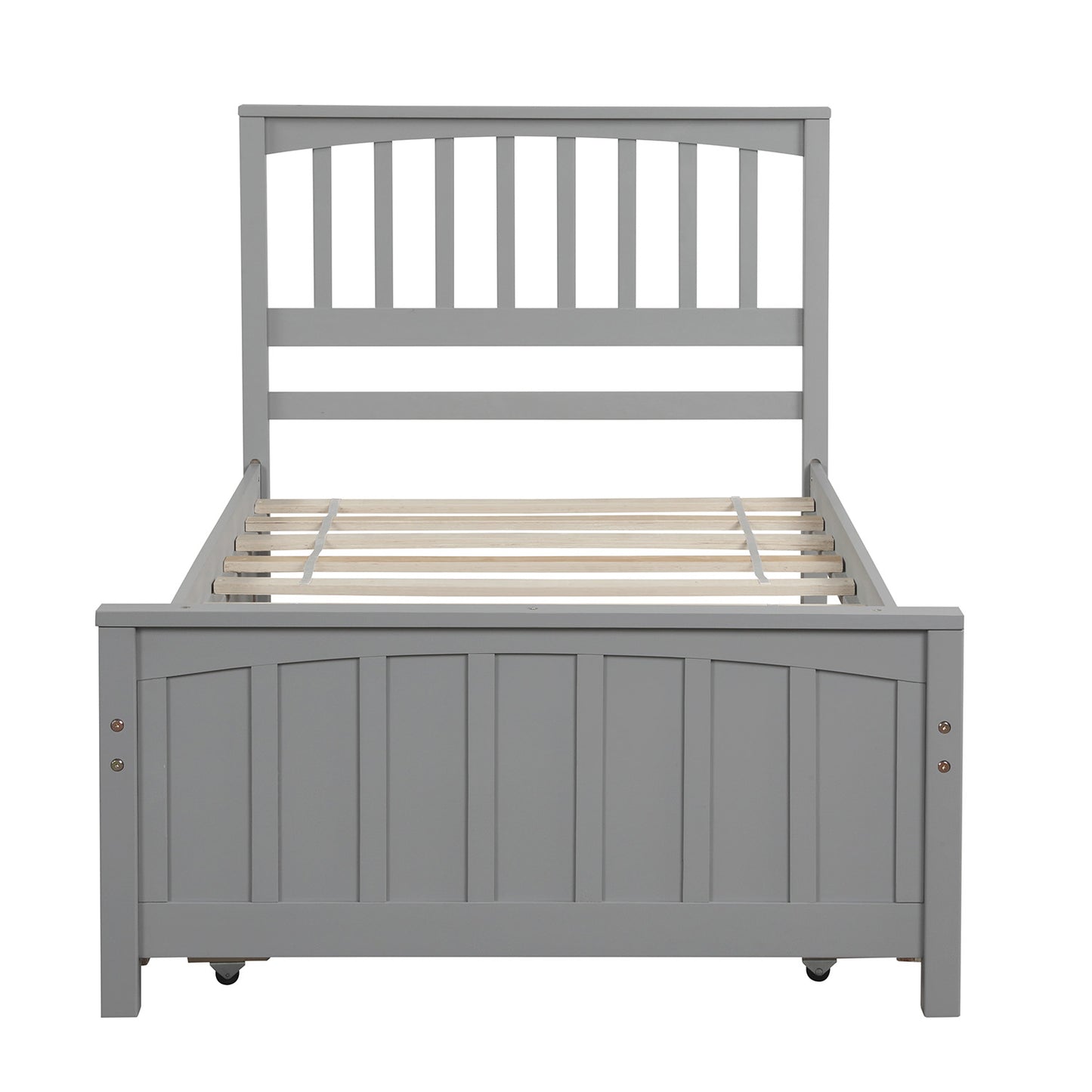 Grey wooden twin bed frame with slatted headboard and footboard