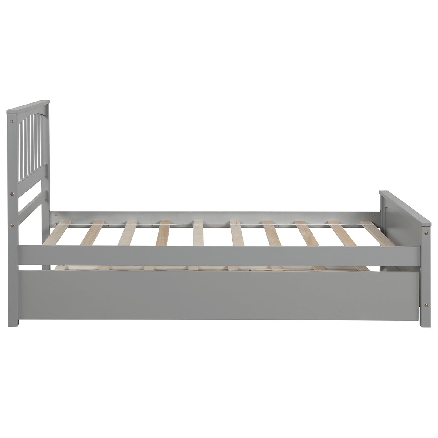 Grey wooden twin bed frame with slatted base and spindle headboard