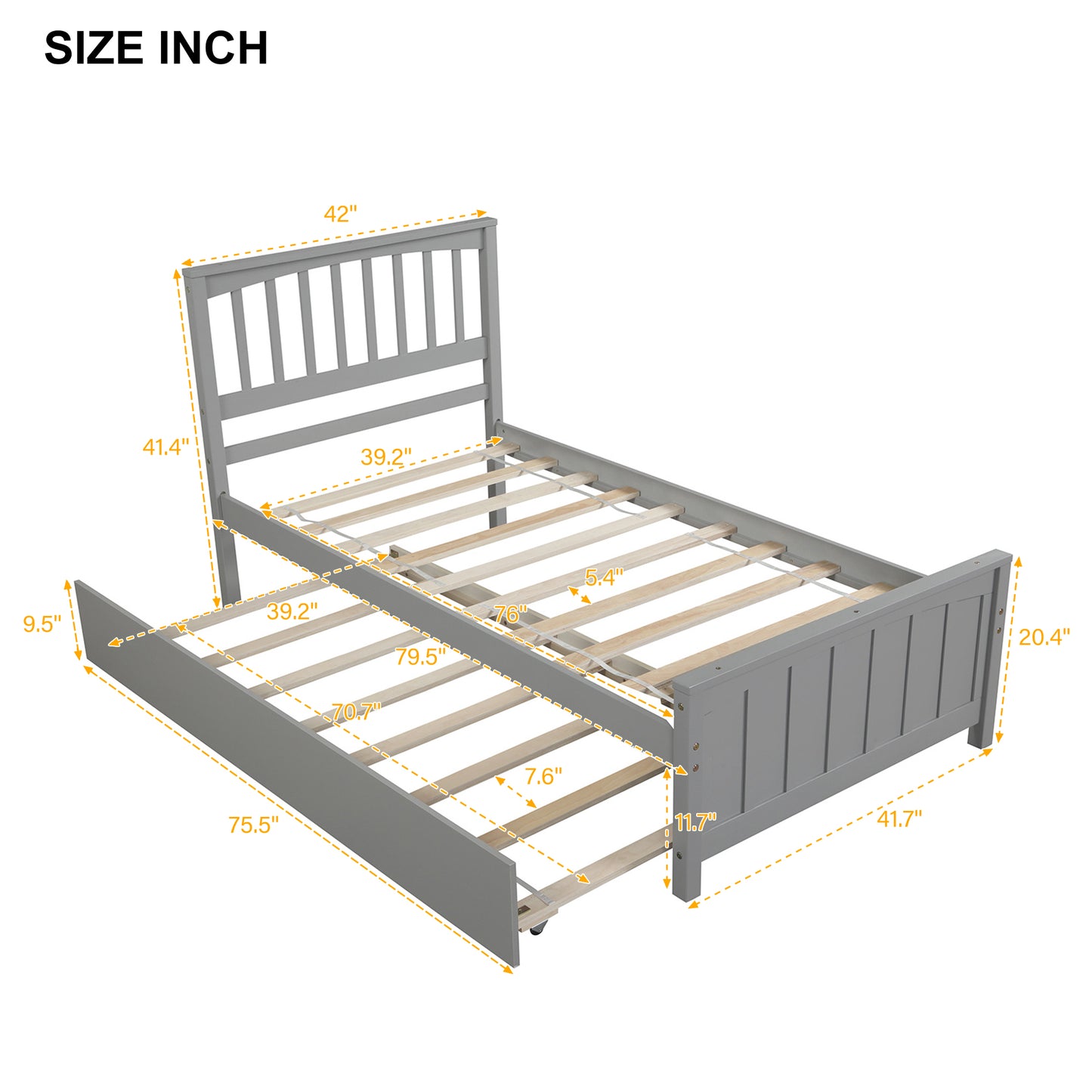 Gray twin bed frame with pullout trundle and slatted base L