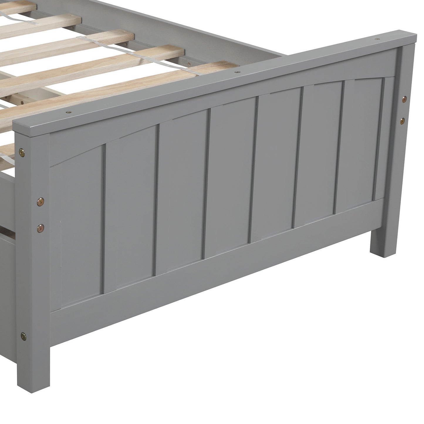Gray wooden bed frame with slatted base detail