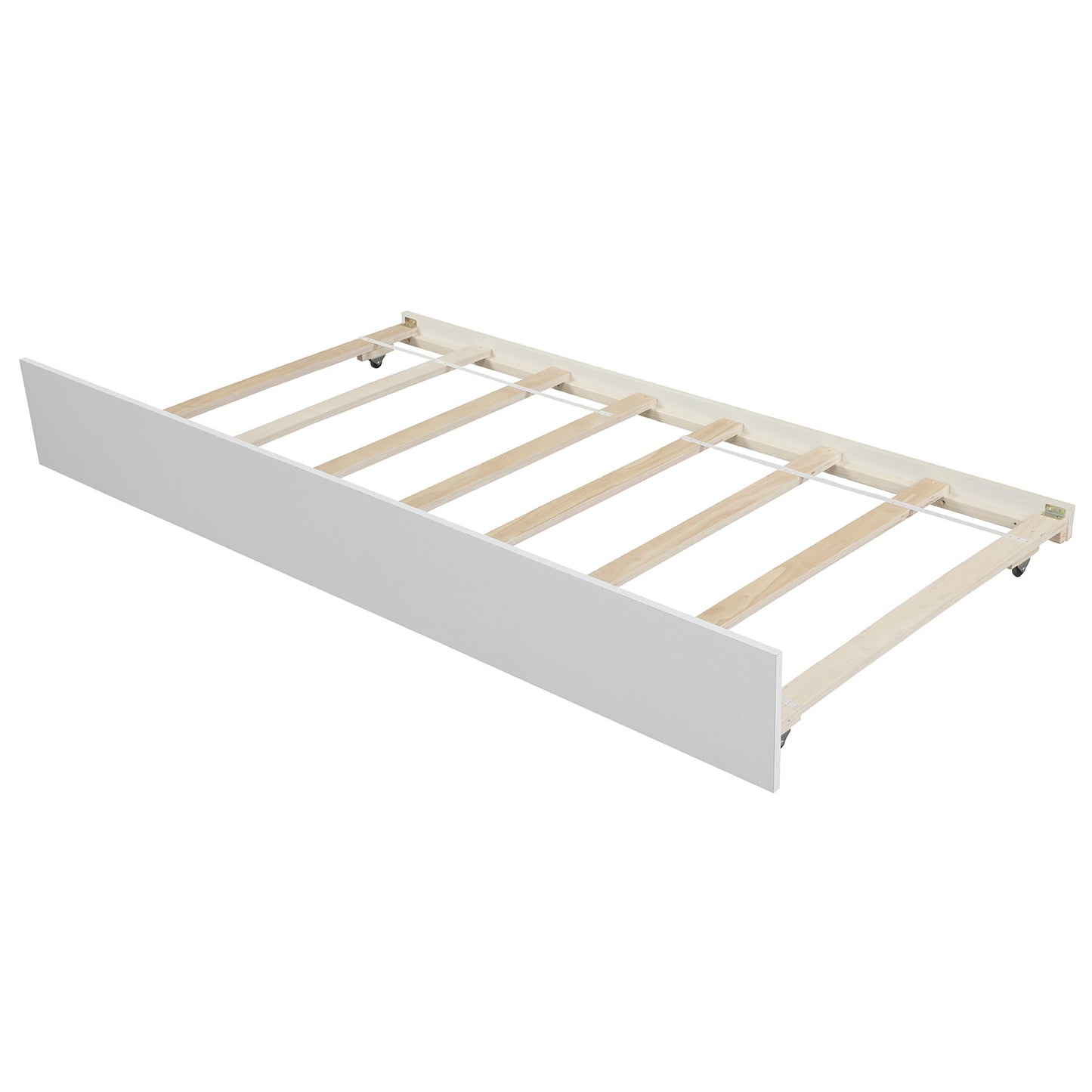 White wooden slats on a rolling bed frame with wheels