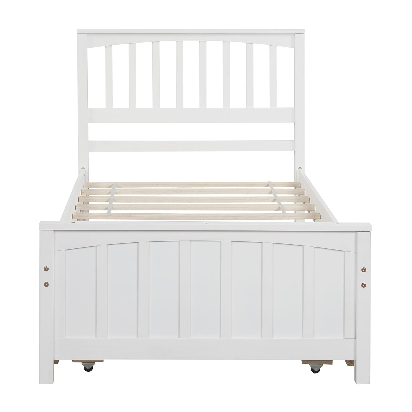 White twin bed frame with arched headboard and footboard