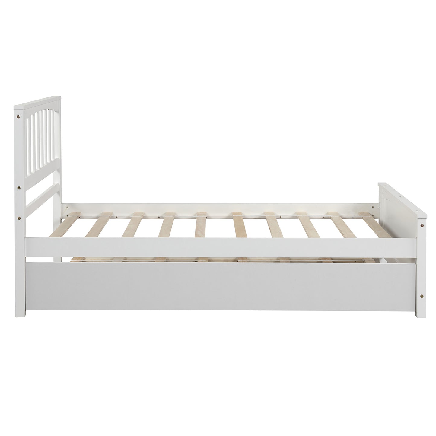 White wooden twin bed frame with slatted base and vertical headboard slats