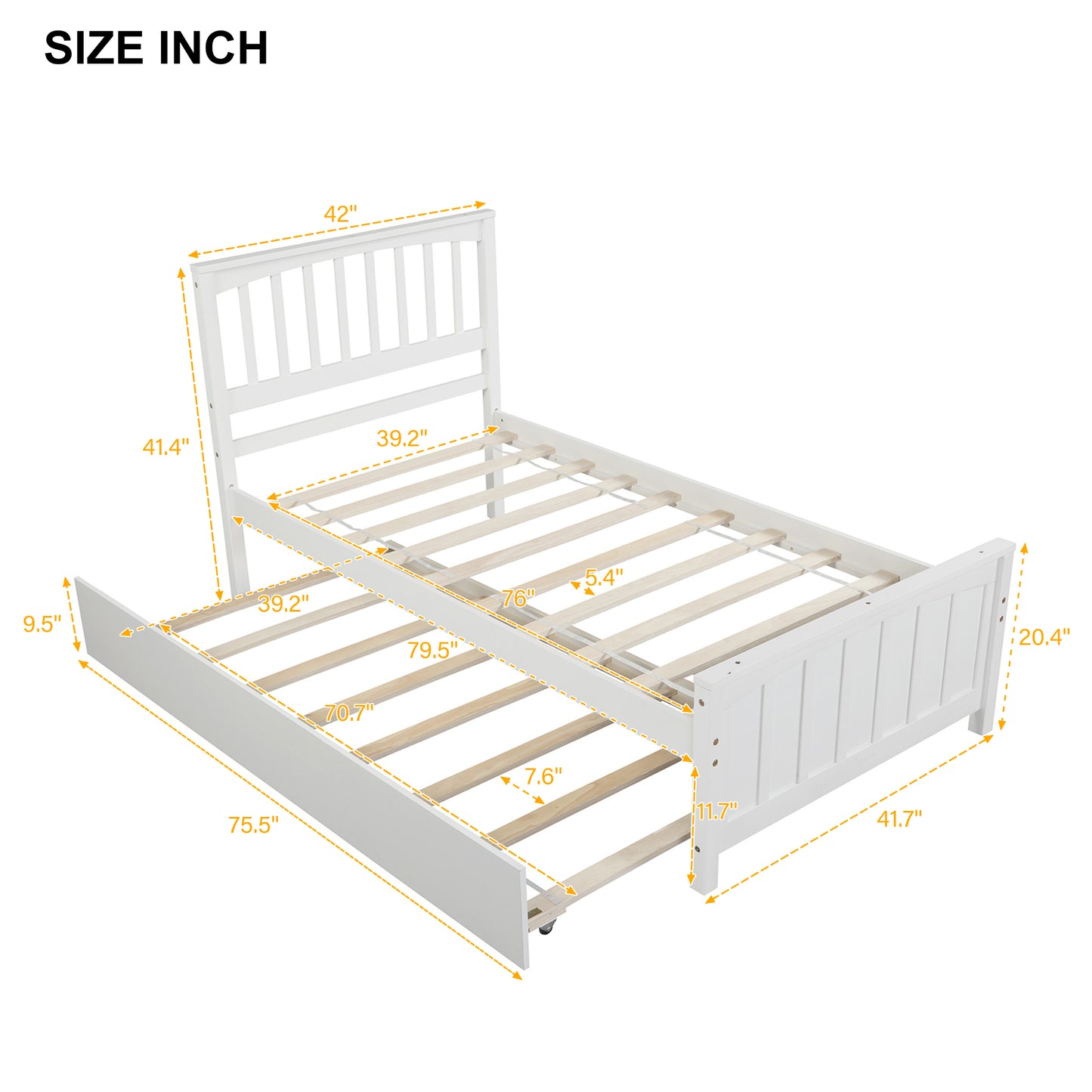 White wooden twin bed frame with pullout trundle