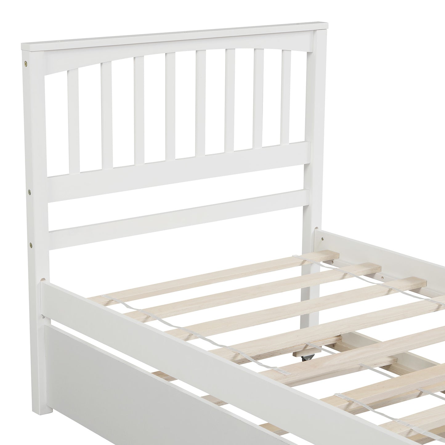 White wooden twin bed frame with slatted base and spindle headboard