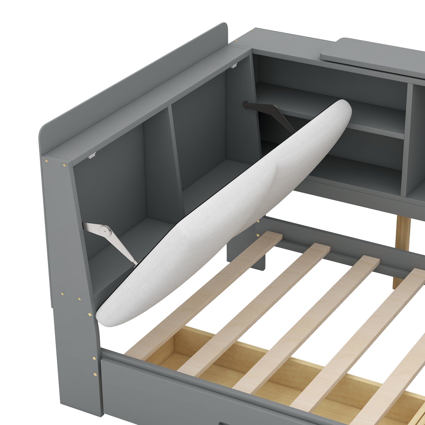Grey wooden bunk bed frame with white mattress support visible