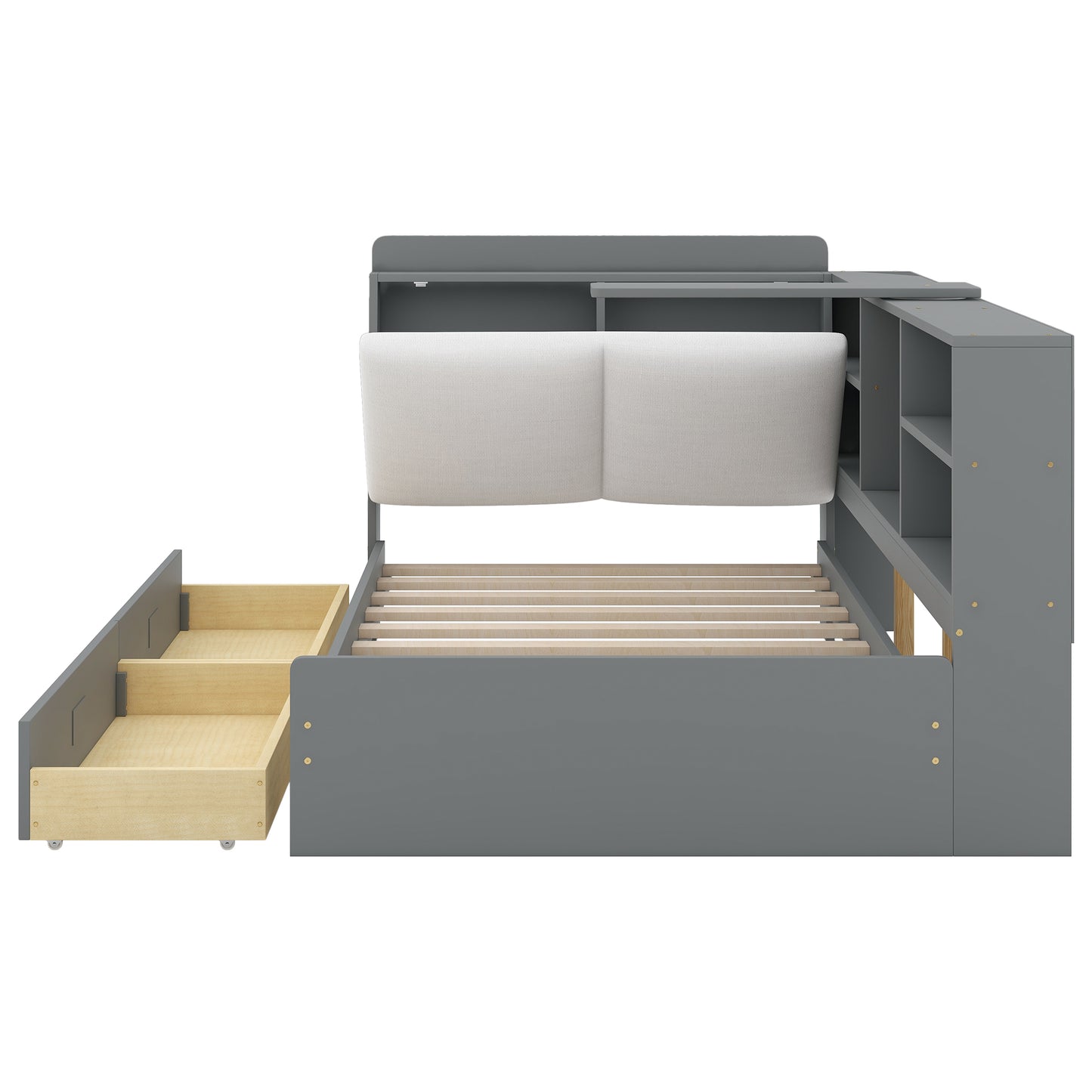 Gray twin bed frame with builtin shelves and two pullout drawers