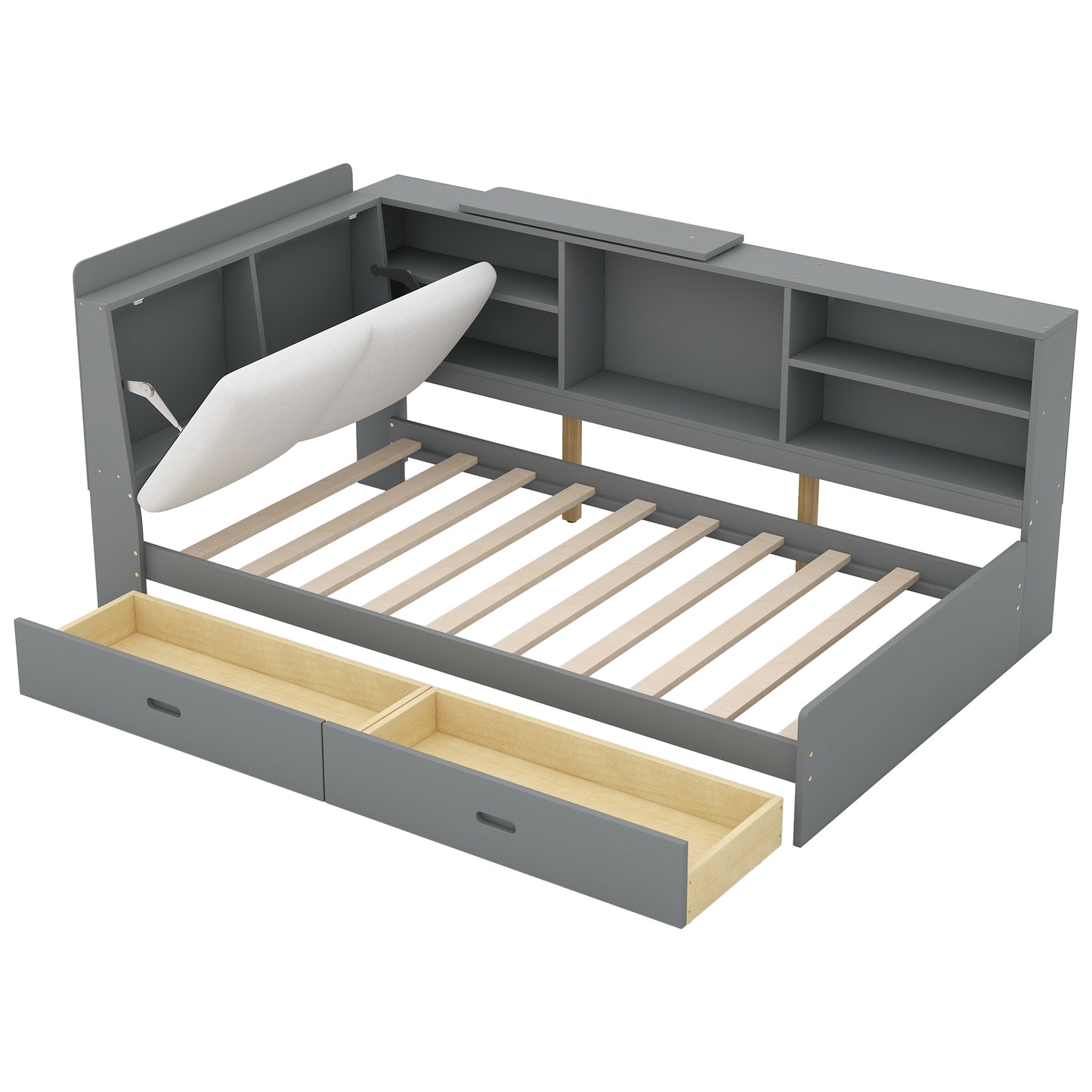 Gray upholstered sofa bed with pullout drawers and integrated shelving