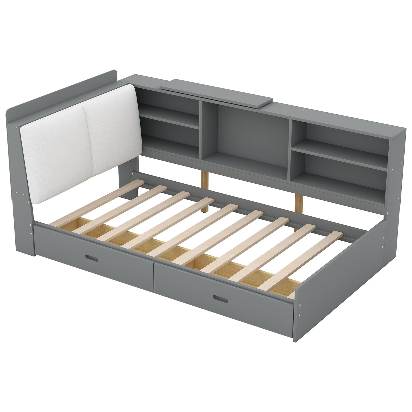 Gray twin daybed with builtin bookshelf and two storage drawers