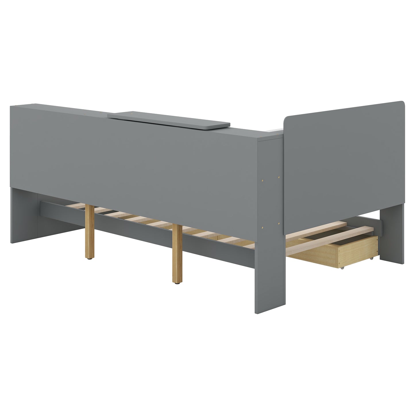 Gray toddler bed with wooden legs and builtin storage drawer