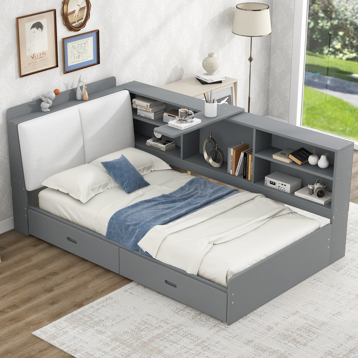Gray twin bed with storage headboard and drawers