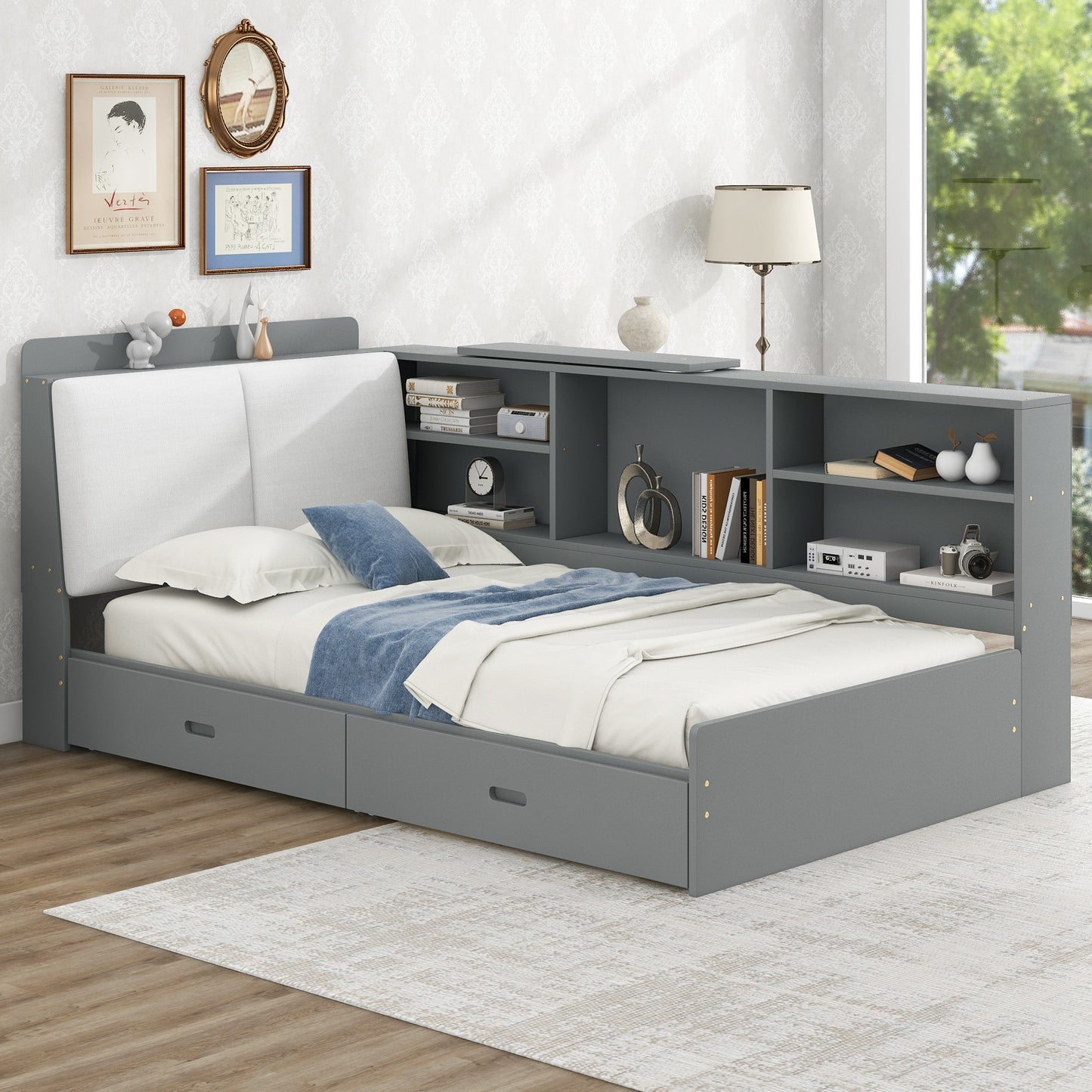 Gray upholstered storage bed with builtin shelving