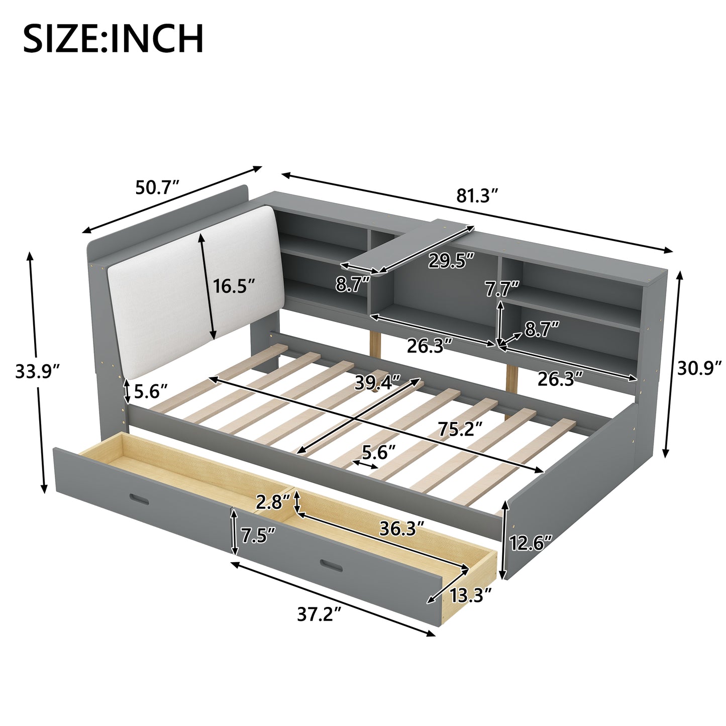 Gray twin bed frame with builtin shelves and drawer