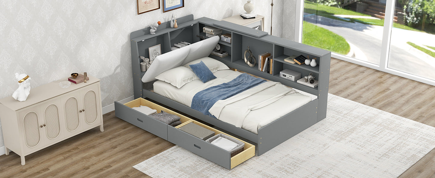 Gray twin storage bed with shelves and drawers