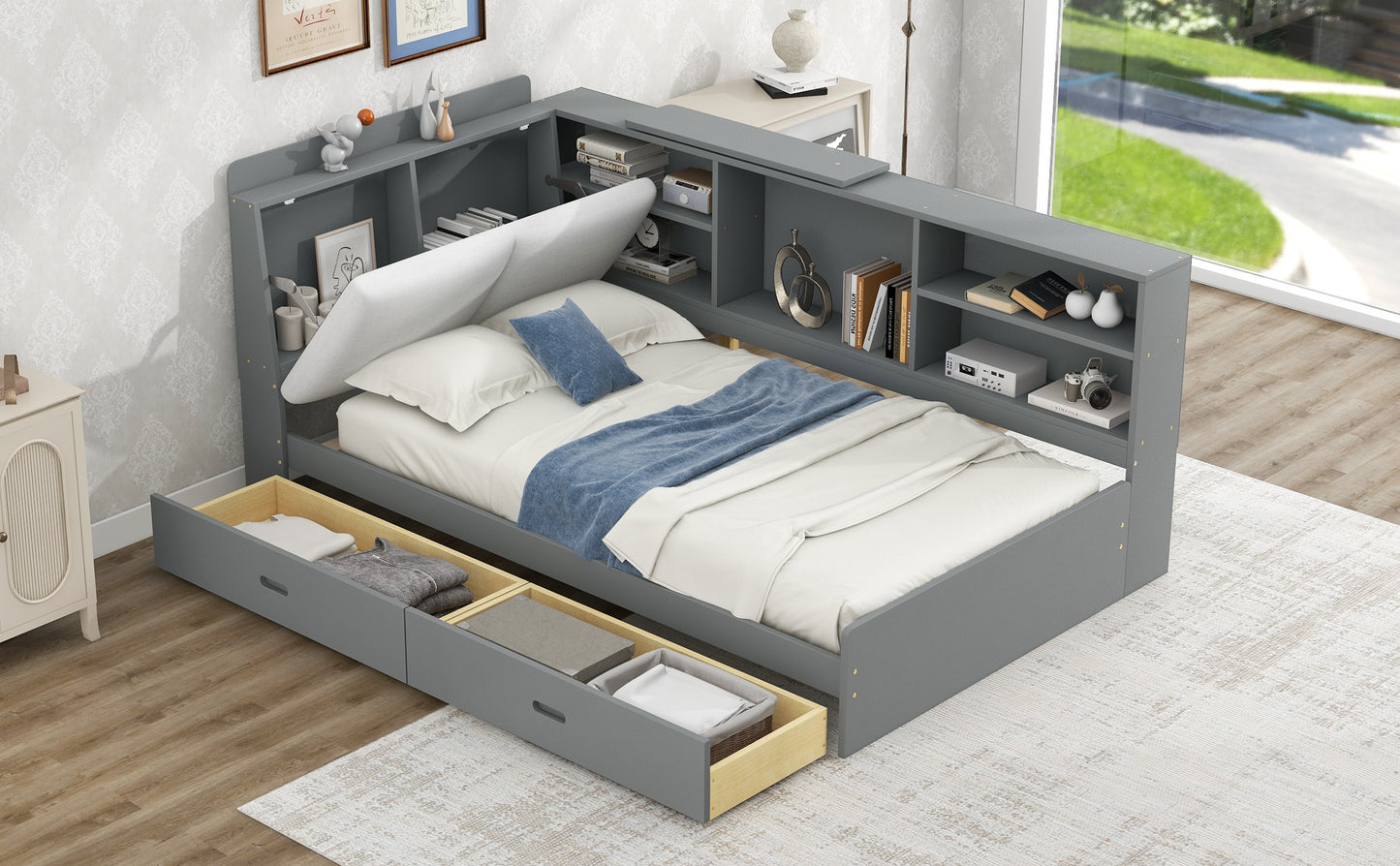 Gray storage bed with builtin bookshelves and pullout drawers